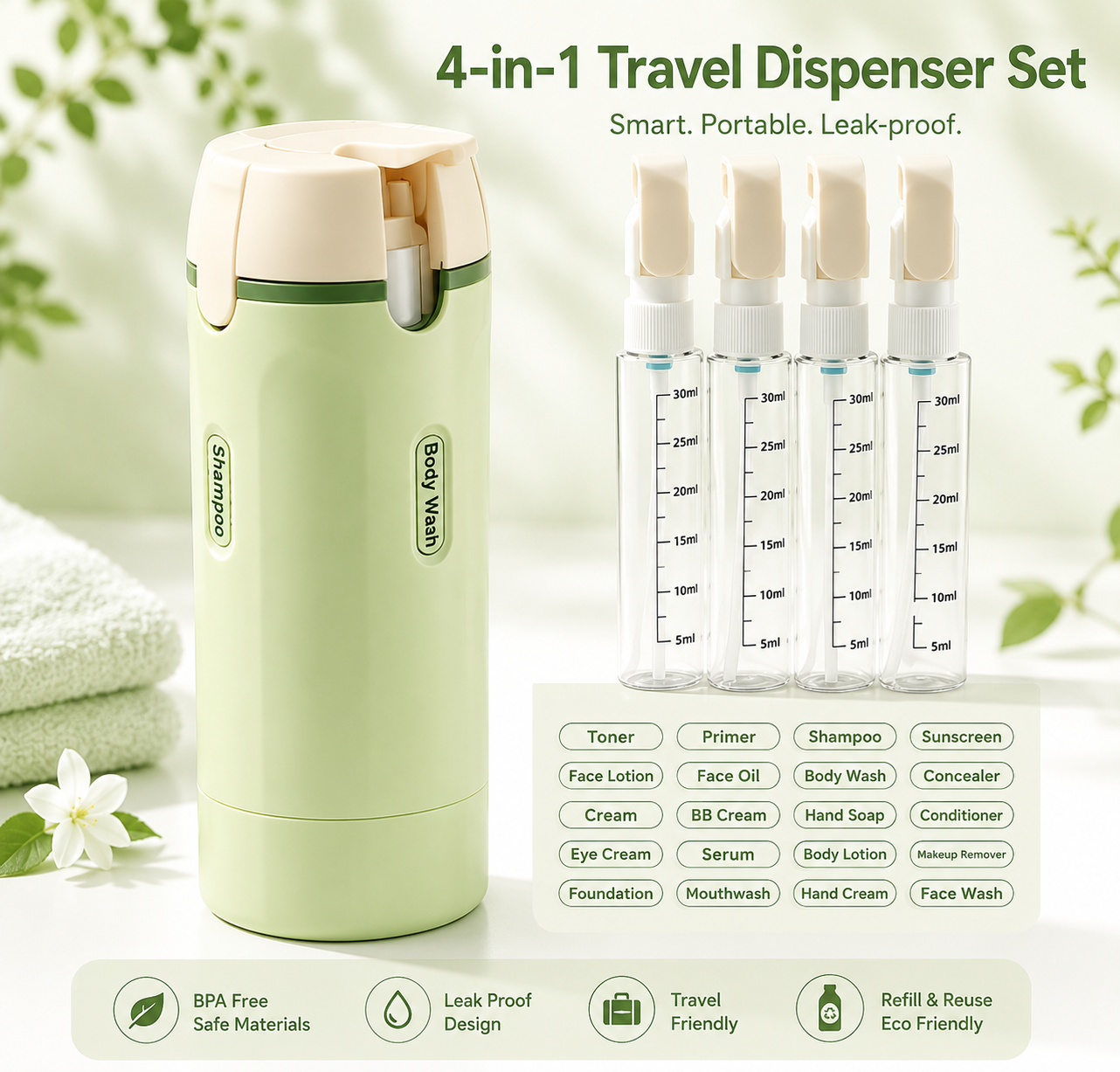 Travel Sized 4 in 1 Portable Storage Bottle