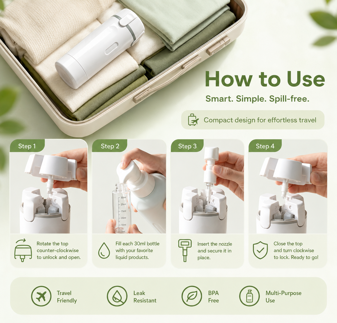 Travel Sized 4 in 1 Portable Storage Bottle