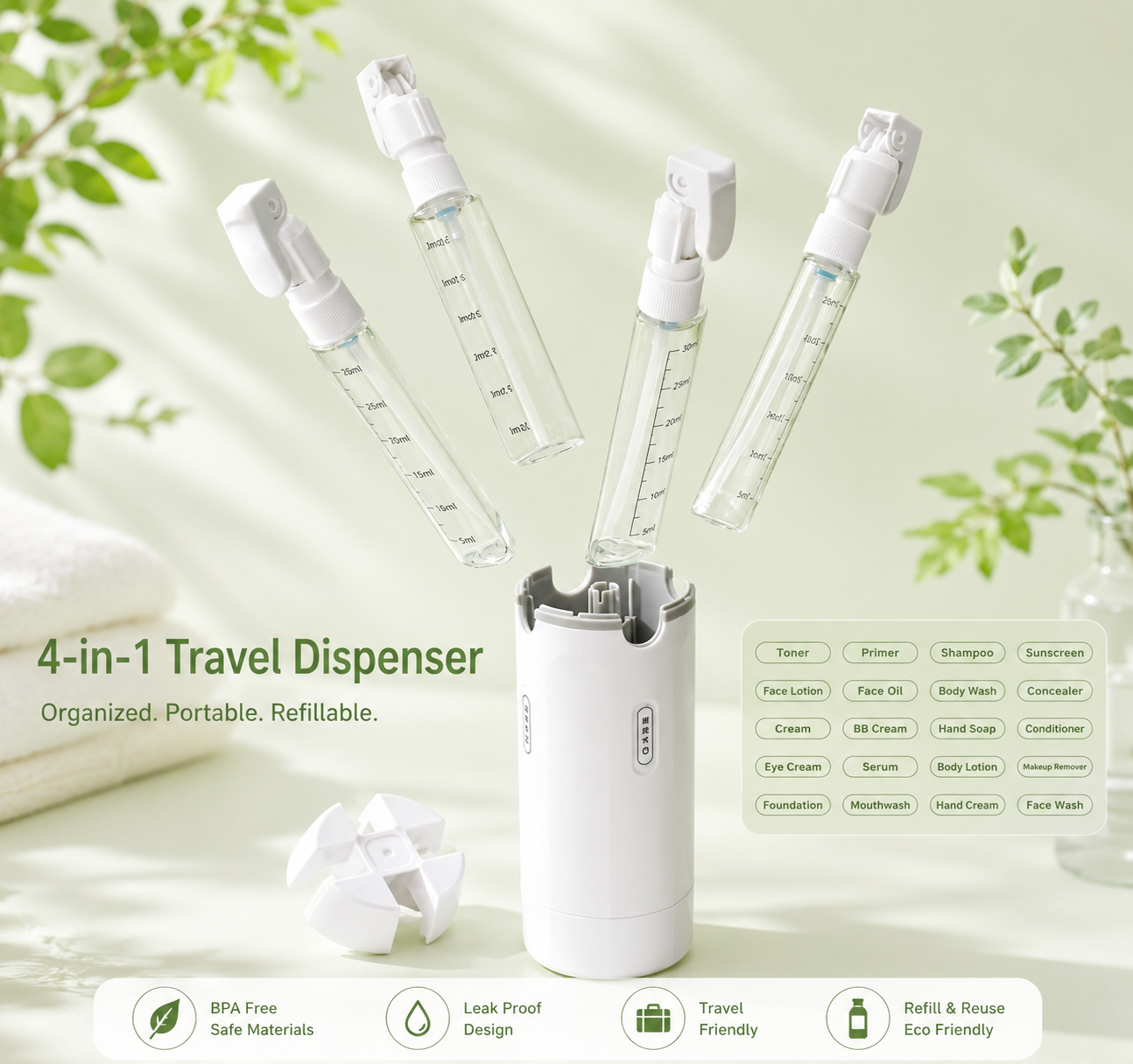 Travel Sized 4 in 1 Portable Storage Bottle